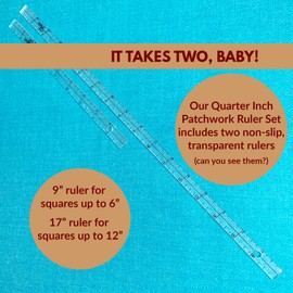 Madam Sew Exclusive | Quarter-Inch Patchwork Sewing Ruler Set | Includes 9" and 17" Quilting Rulers for Precise Marking and Measuring | ¼," ½," and 1" from Each Side | Non-Slip Coating Grips Fabric