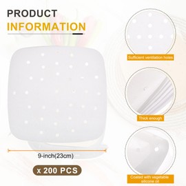 QUARKZMAN Pack of 200 Air Fryer Liners 9 Inch Square Bamboo Damper Liner with Holes Non-Stick Perforated Parchment Paper Sheets Disposable Damper Paper for Air Fryers Steamer Basket, White