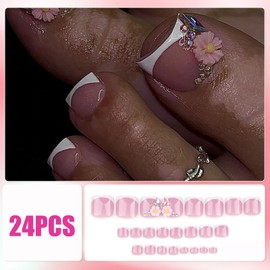 Pink Flowers French Press on Toenails Short Square, Spring Summer Glitter Fake Toe Nails with Rhinestones Designs, Full Cover Beach False Toenails, Cute Acrylic Gel Glue on Toe Nails for Women 24Pcs