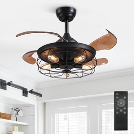 CROSSIO 48" Retractable Ceiling Fans with Lights, Black Caged Ceiling Fan with Remote, Industrial Fandelier Fan with Reversible Blades Farmhouse Ceiling Fans with Lights for Living Room, Bedroom