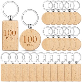 Tondiamo 200 Pcs Wood Keychain Bulk Wooden Blanks for Key Chains Rectangle Round Unfinished Blanks Key Tag Laser Engravable Keychains Items for DIY Gift Craft Supplies
