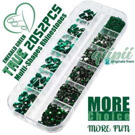 qiipii 2052Pcs Emerald Green Nail Art Rhinestones Kit Green Nail Charms Multi Shapes Crystal Flatback Rhinestones Big Gems + Round Beads Glass Stones Diamonds jewels for Nails Faces Eyes Makeup Crafts