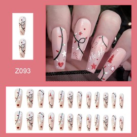 Christmas Square Press on Nails Medium, Artificial Glossy Fake Nails with Xmas Tree Heart Star Designs, Nude Coffin Acrylic False Nails for Winter Holiday, False Fingernails Glue Nails for Women