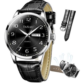 Taxau Black Face Men Watches Large Face Watches for Men Watch with Black Leather Band Men Waterproof Watch Easy to Read Dress Men Classic Watches with Calendar for Men Arabic Numerals Watches