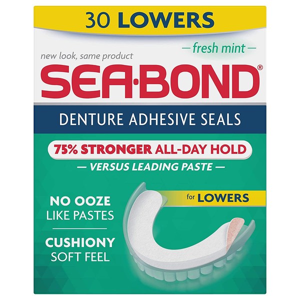 Sea Bond Secure Denture Adhesive Seals, Fresh Mint Lowers, Zinc Free, All Day Hold, Mess Free, 30 Count