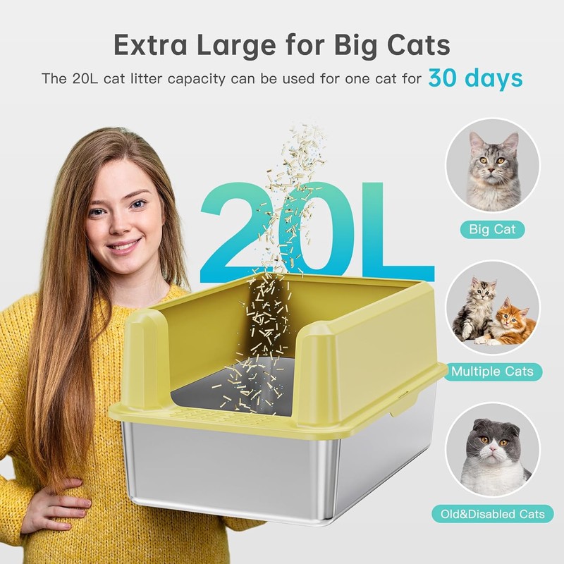 Stainless Steel Litter Box with High Side, XXL Extra Large