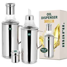MARU Stainless Steel Olive Oil Dispenser can for Kitchen - Set of 2, 34 oz Each Cooking Oil and Vinegar Dispenser Bottle Set, Olive Oil Container With Spout, Stainless Steel Oil Cruet Bottles