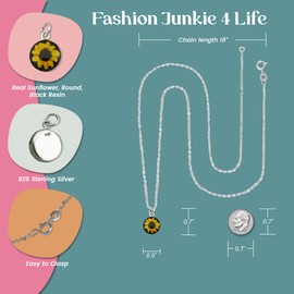 FashionJunkie4Life Real Miniature Sunflower Pendant Necklace, 18" Cable Chain, Flower Set in Resin Encased in Sterling Silver, Sterling Silver, No Gemstone