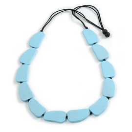 Avalaya Pastel Blue Geometric Wood Bead Black Cotton Cord Long Necklace - 100cm L/Adjustable
