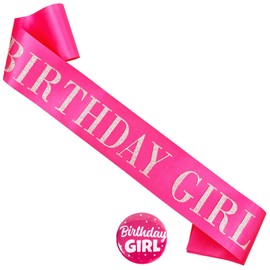 Birthday Sash Badge for Girls,Hot Pink Satin With Silver Glitter Letter Sash,Tinplate Badge Pin, Women's Birthday Party Decorations Supplies,16,18,21,30,40,50 or Any Other Bday Party