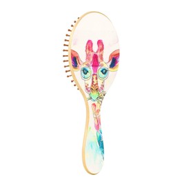 Paddle Brush Hair Brush, Round Wooden Pins Air cushion comb, Scalp massages Detangling Hair Hairbrush for Smoothing Hair Print Watercolor Colorful Giraffe With Flowers In The Mouth