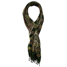 TigerTie Scarf in Green Grey Black Brown Orange Beige Patterned with Fringes - Size 200 x 50 cm