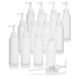 JUVITUS 4 oz White Plastic HDPE Refillable Cylinder Squeeze Bottle with White Lotion Pump (12 Pack) BPA Free Refillable Empty Storage Containers