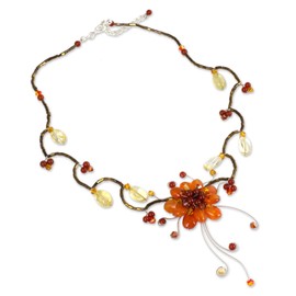 NOVICA Artisan Crafted Citrine Carnelian Choker Necklace | Beaded Stainless Steel Glass | Red Yellow Birthstone | Lobster Clasp | Celosia Orange Floral | Thailand 'Fire Flower' 3" L x 2.6" W x 0.4" D
