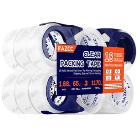 RAZCC Packing Tape, 18 Rolls Clear Heavy Duty Packaging Tape with Dispensers for Packing, Shipping, Moving and Mailing, Thicker Sealing Tape-1.88" x 65 Yards Per Roll, 1170 Total Yards