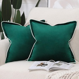 Madizz Set of 2 Velvet Fringed Throw Pillow Covers 16x16 inch, 40x40 cm, Green Soft Decorative Cushion Cover for Sofa Bedroom Pillow Shell