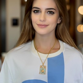 ORIGENCE Tarot Card Necklace, Unisex, Gold Plated Zinc, Turquoise, Vintage Mystical, Spiritual Jewelry, Good Luck Amulet, Oversized Tarot Pendant