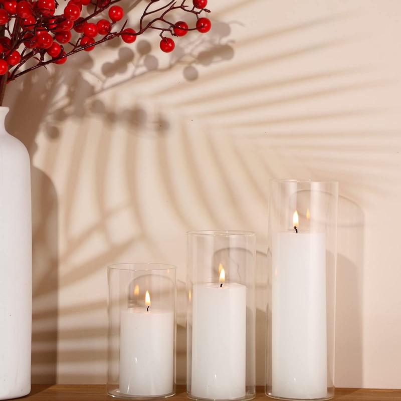 Shihanee Set of 3 White Pillar Candles and 3 Glass