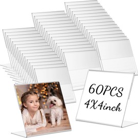 Soaoo 60 Pcs Acrylic Photo Frames 4 x 4 Inch Clear Picture Frames Slant Back Plastic Booth Frames L Shaped Photo Stand Horizontal Small Sign Holder Name Display Stand with Insert for Home Office