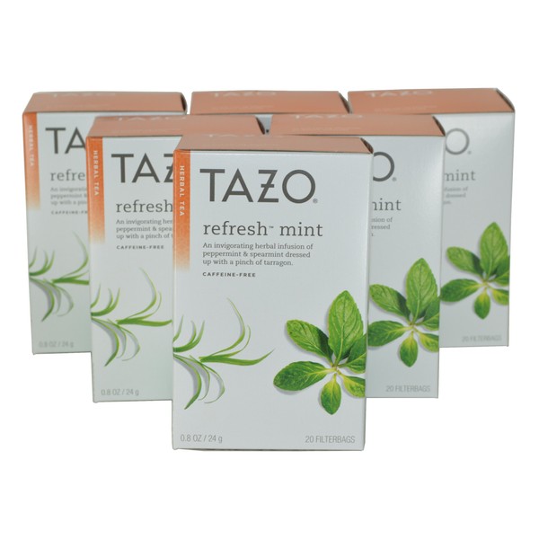 Tazo Refresh Herbal Infusion Tea, Caffeine Free, 20-Count Tea Bags (Pack of 6)