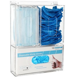 Aphbrada Triple Hygiene Dispenser Sanitation Station with Lid - Tabletop or Wall Mounted Masks and Glove Box Holder Dispenser for Hairnet Shoe Cover - 3 Compartments Acrylic Medical Organizer, Clear