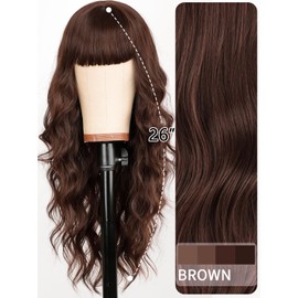 AISI HAIR Brown Wig with Bangs Long Wavy Brown Wig for Women Synthetic Hair Wig for Daily Party Use