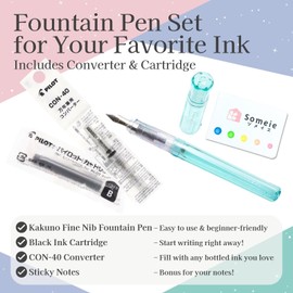 Fountain Pen Set CON-40 Converter & Kakuno Fine Nib with Black Ink Cartridge & Sticky Notes – Refillable Ink System, For Beginners, Calligraphy (Green FKA-1SR-KBOG-F)