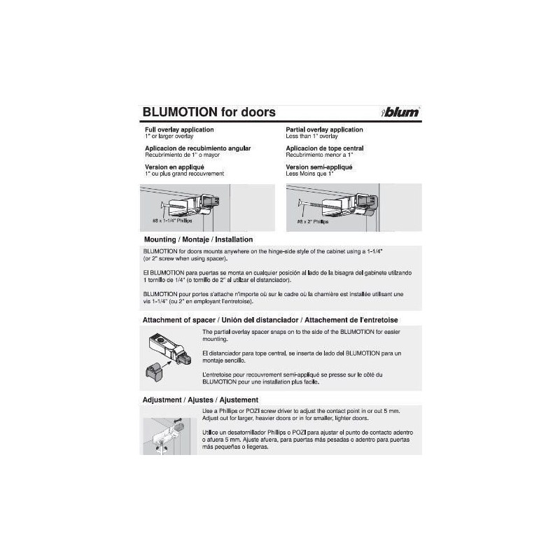Blum 971A9700.22x10 971A BLUMOTION Cabinet Soft Close Polybag Kit for
