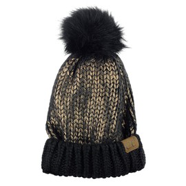 C.C Women's Faux Fur Pom Shiny Metallic Finished Knit Beanie Hat-Black/Gun