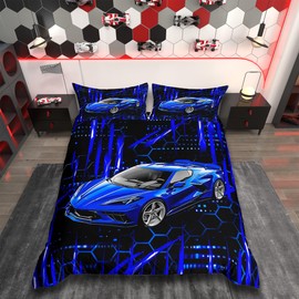 Homemissing Racing Car Bedding Set 135 x 200 cm Racing Car Bedding Set for Boys Girls Teens Racing Car Beds Sports Car Duvet Cover