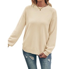 MEROKEETY Women's Fall Sweaters 2025 Cozy Knit Sweater Casual Loose Side Split Pullover Jumper Tops, Beige, L