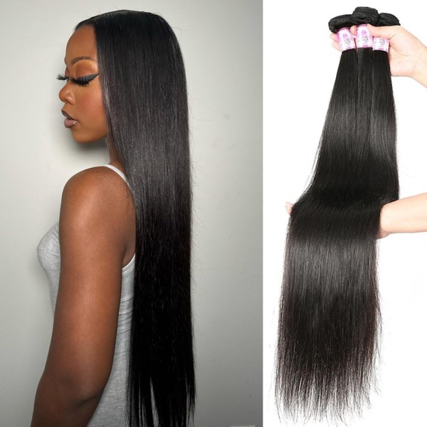 Beauty Forever Hair Brazilian Virgin Straight Hair 3 Bundles 100% Unprocessed Human Hair Weave Extensions Natural Color Can Be Dyed and Bleached (16 18 20)