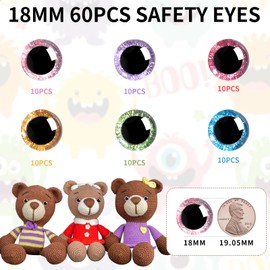 MUCUNNIA 120pcs 18mm Safety Eyes for Crochet Toys with Washers Glitter Safety Eyes for Amigurumi Crocheting Crochet Eyes Craft Doll Eyes for Soft Toy Teddy Bear and Plush Animal(6 Colors)