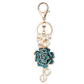 SWJEWEL Flower Blossom Cute Keychain for Women Shiny Rhinestone Faux Pearl Beads Charms Bag Key Ring Accessories green
