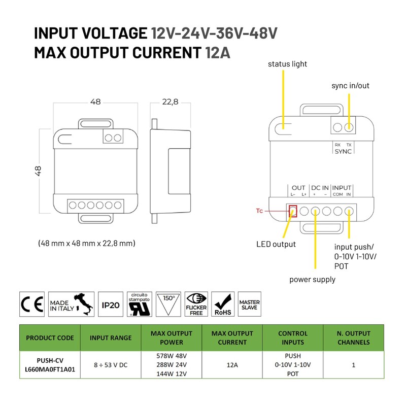 AstraLED - LED Dimmer 12V 24V 36V 48V 12A Button