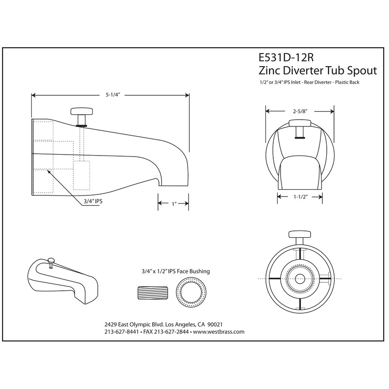 Westbrass E531D-12R-62 5-1/4" Diverter Tub Spout with 1/2" or 3/4"