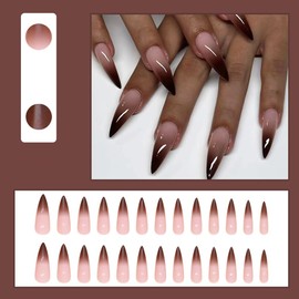 24 Pcs Medium Brown Press on Nalis Stilettos YIHONGYAN Fake Nails Press ons Arcylic Glossy Full Cover False Nails Gradient Glue Nail Winter Glitter Glue on Nails Nail for Women Manicure
