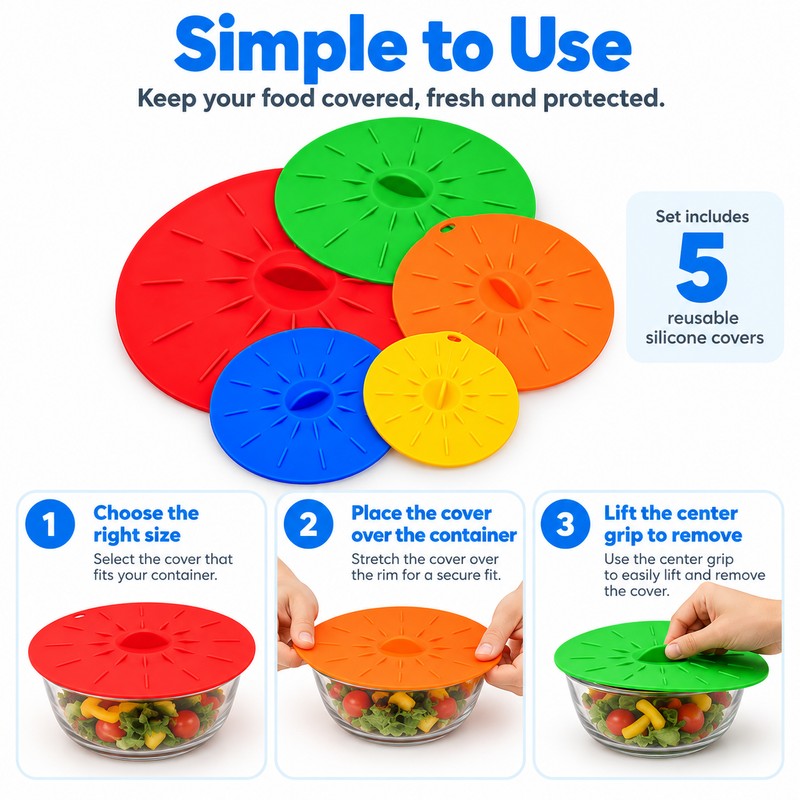 5-Piece Silicone Suction Lid Cover Set – Reusable Heat-Resistant Microwave