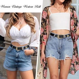 WHIPPY Western Belts for Women - Vintage Western Design Ladies Cowgirl Waist Belt for Pants Jeans Dresses (Gold Buckle Black, Fit Waist 30-34 Inches)