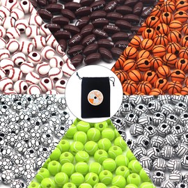 240 Pieces Sports Beads Acrylic Basketball Soccer Tennis Volleyball Baseball Football Beads with Big Hole and 1 Roll Elastic String for Bracelets Necklaces Earrings Hair Ties Keychains Craft Making