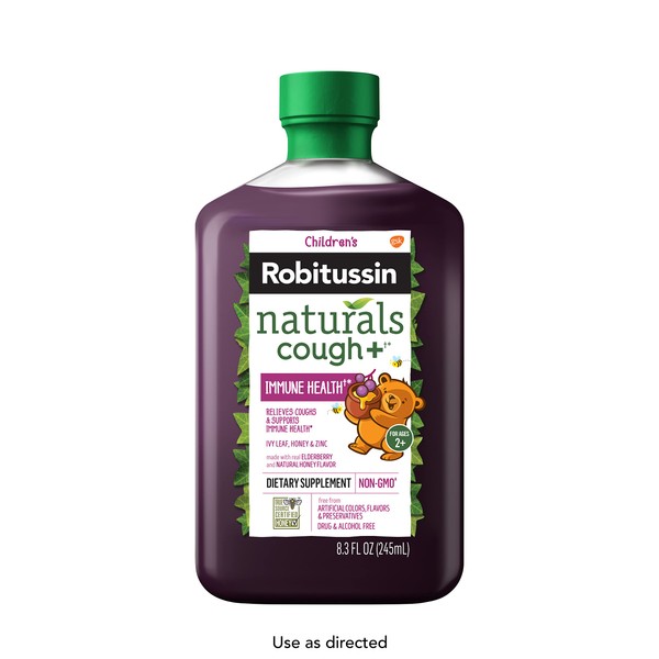 Children's Robitussin Naturals Cough Plus Immune Health Dietary Supplement for Children 2 and Up, Honey, Ivy Leaf, Zinc and Elderberry Cough Relief Syrup, Natural Honey Flavor - 8.3 Oz Syrup