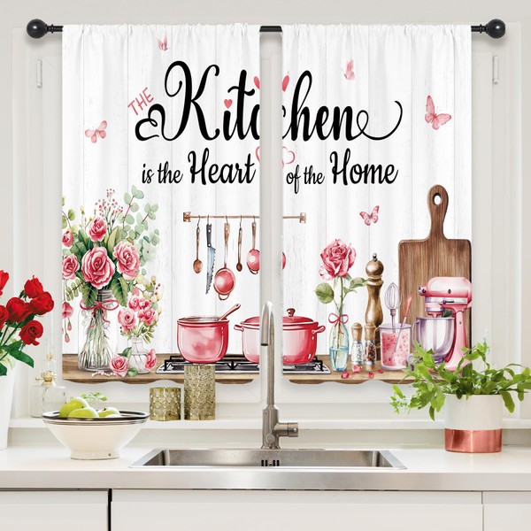 Riyidecor Red Rose Eucaltptus Kitchen Kitchen Curtains Floral Kitchenware Butterfly