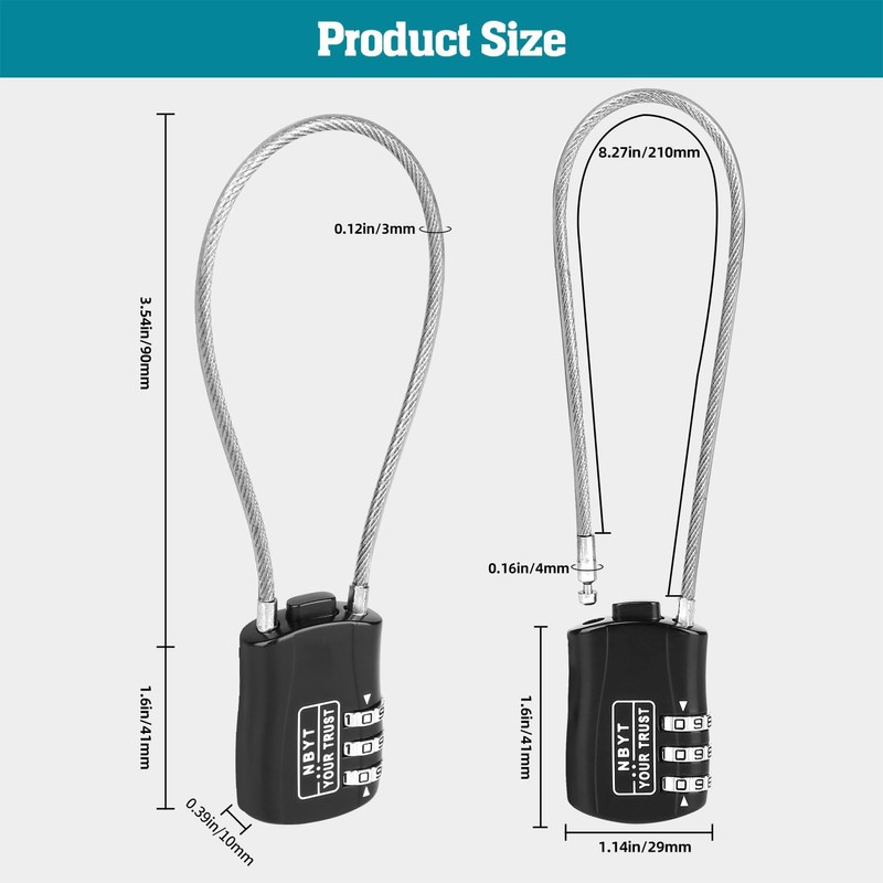 Lawnize Wire Rope Cable Lock with Combinations,Resettable Code,Zinc Alloy,Helmet Lock