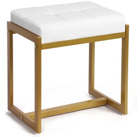 Faux Fur Vanity Stool Chair, Vanity Chair with Gold Metal Leg, Furry Soft Padded Makeup Footstools Seat Ottoman, Modern Chairs for Makeup, Bedroom, Square Small Stool Bench for Vanity White&Gold