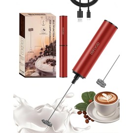 INFOOD Milk Frother Rechargeable with Cover - Coffee Frother Wand, Drink Mixer Handheld with 2 Detachable Stainless Whisks 2 Speed Adjustable for Latte, Cappuccino, Hot Chocolate, Egg, Red