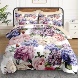 WeCozy 7 Pcs Queen Size Comforter Set with 2 Pillowcases & 2 Shams, Floral Flower Peony Bedding for Kids and Adults, Botanical Painting Hydrangea Bed in a Bag with Flat Fitted Sheet