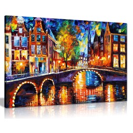 The Bridges of Amsterdam by Leonid Afremov Canvas Wall Art Picture Print for Home Decor (24x16)