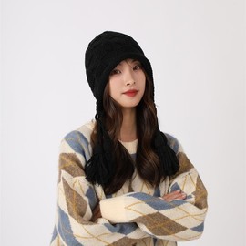 XGOPTS Women Girls Warm Knitted Peruvian Beanie Hat Skull Cap Earflaps Hats Cute Handmade Knitting Beanie Hat with Pom Pom Black