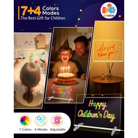 LED Note Board with 7 Colors - 13.8"x10" Acrylic Dry Erase Board with Light, 4 Modes Led Drawing Writing Board for Kids with 7 Marker Pen, Light up Message Board with Stand, Glow Rewritable Memo Board