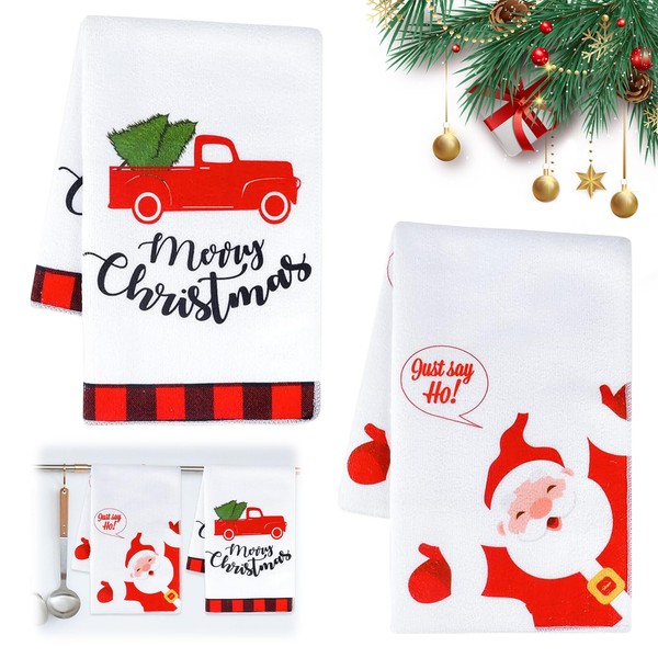 GAROMIA Tea Towel Christmas 2 Cotton Santa Claus Reindeer Tea Towel 60 x 40 cm Absorbent Kitchen Towel Christmas Kitchen Towels Winter Decoration Towels Set
